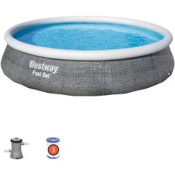 Piscine Hors Sol Ronde Fast Set Bestway - Décor Rotin Gris - Diamètre 396 Cm - Hauteur 84 Cm