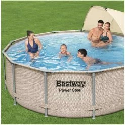 BESTWAY Piscine Tubulaire Hors Sol Volta Grise, Ronde 396x107cm Pompe De Filtration, Filtre à Cartouche, Une échelle De Sécurité, Une Bâche, Un Auvent Et Un Diffuseur - Gris