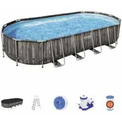 Kit Piscine Géante Complet BESTWAY – Spinelle – Piscine Ovale Tubulaire 6x3 M Motif Aspect Bois. Pompe De Filtration. échelle. Bâche De Protection. Diffuseur ChemConnect 7x3 M