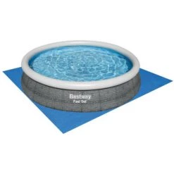 Pack BESTWAY Piscine Auto-portante Ronde - Fast Set - 366 X 76 Cm - Motif Rotin - Tapis De Sol - 366 X 366 Cm - Gris
