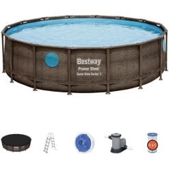 Piscine Hors-sol Tubulaire Bestway Power Steel Imitation Rotin 488x122 Cm Épurateur à Cartouche De 5 678 L/H Bâche Et Échelle