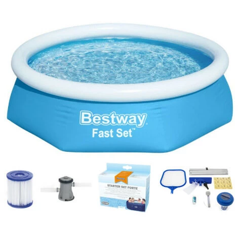Pack BESTWAY Piscine Auto-portante Ronde - Fast Set - 244 X 61 Cm - Kit De Traitement De L'eau - Lot D'accessoires D'entretien - Bleu 3 Pack BESTWAY Piscine Auto-portante Ronde - Fast Set - 244 X 61 Cm - Kit De Traitement De L'eau - Lot D'accessoires D'entretien - Bleu