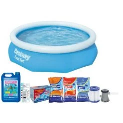 BESTWAY Pack Piscine Auto-portante - 305 X 76cm - 3800L - Berling'o - Algicide Ravatop 12 % - Produits Pour PH - Ecodoses TAC - Bleu