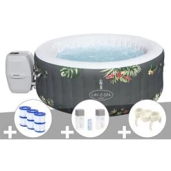 Kit Spa Gonflable Bestway Lay-Z-Spa Aruba Rond Airjet 2/3 Places + 6 Filtres + Kit Traitement Brome + Porte-gobelets