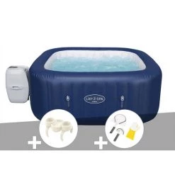 Kit Spa Gonflable Bestway Lay-Z-Spa Hawaii Carré Airjet 4/6 Places + Porte-gobelets + Kit De Nettoyage