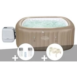 Kit Spa Gonflable Bestway Lay-Z-Spa Palma Carré Hydrojet Pro 5/7 Places + Kit Traitement Brome + Porte-gobelets