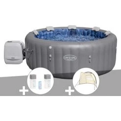 Kit Spa Gonflable Bestway Lay-Z-Spa Santorini Rond HydroJet Pro 5/7 Places + Kit Traitement Brome + Auvent