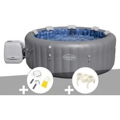 Kit Spa Gonflable Bestway Lay-Z-Spa Santorini Rond HydroJet Pro 5/7 Places + Kit De Nettoyage + Porte-gobelets