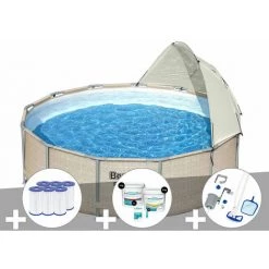 Kit Piscine Tubulaire Ronde Bestway Power Steel 3,96 X 1,07 M + 6 Cartouches De Filtration + Kit De Traitement Au Chlore + Kit D'entretien Deluxe