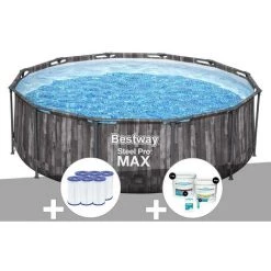 Kit Piscine Tubulaire Ronde Bestway Steel Pro Max Décor Bois 3,66 X 1,00 M + 6 Cartouches De Filtration + Kit De Traitement Au Chlore