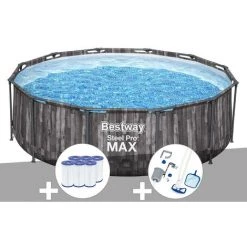 Kit Piscine Tubulaire Ronde Bestway Steel Pro Max Décor Bois 3,66 X 1,00 M + 6 Cartouches De Filtration + Kit D'entretien Deluxe