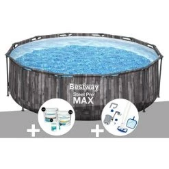 Kit Piscine Tubulaire Ronde Bestway Steel Pro Max Décor Bois 3,66 X 1,00 M + Kit De Traitement Au Chlore + Kit D'entretien Deluxe