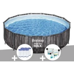 Kit Piscine Tubulaire Ronde Bestway Steel Pro Max Décor Bois, 4,27 X 1,07 M + 6 Cartouches De Filtration + Kit De Traitement Au Chlore