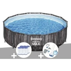 Kit Piscine Tubulaire Ronde Bestway Steel Pro Max Décor Bois, 4,27 X 1,07 M + 6 Cartouches De Filtration + Kit D'entretien Deluxe