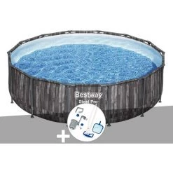 Kit Piscine Tubulaire Ronde Bestway Steel Pro Max Décor Bois, 4,27 X 1,07 M + Kit D'entretien Deluxe