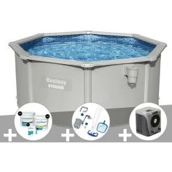 Kit Piscine Acier Ronde Bestway Hydrium 3,00 X 1,20 Cm + Kit De Traitement Au Chlore + Kit D'entretien Deluxe + Pompe à Chaleur