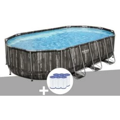 Kit Piscine Tubulaire Ovale Bestway Power Steel Décor Bois 6,10 X 3,66 X 1,22 M + 6 Cartouches De Filtration