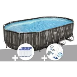 Kit Piscine Tubulaire Ovale Bestway Power Steel Décor Bois 6,10 X 3,66 X 1,22 M + 6 Cartouches De Filtration + Kit D'entretien Deluxe