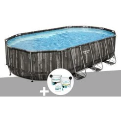 Kit Piscine Tubulaire Ovale Bestway Power Steel Décor Bois 6,10 X 3,66 X 1,22 M + Kit De Traitement Au Chlore