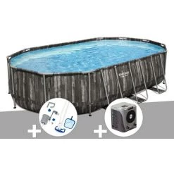 Kit Piscine Tubulaire Ovale Bestway Power Steel Décor Bois 6,10 X 3,66 X 1,22 M + Kit D'entretien Deluxe + Pompe à Chaleur