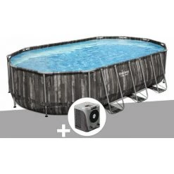 Kit Piscine Tubulaire Ovale Bestway Power Steel Décor Bois 6,10 X 3,66 X 1,22 M + Pompe à Chaleur