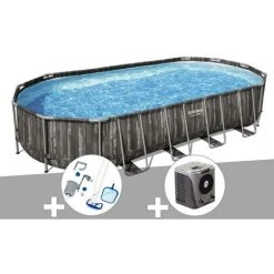 Kit Piscine Tubulaire Ovale Bestway Power Steel Décor Bois 7,32 X 3,66 X 1,22 M + Kit D'entretien Deluxe + Pompe à Chaleur