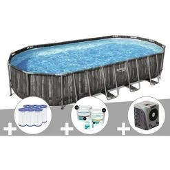 Kit Piscine Tubulaire Ovale Bestway Power Steel Décor Bois 7,32 X 3,66 X 1,22 M + 6 Cartouches De Filtration + Kit De Traitement Au Chlore + Pompe à Chaleur
