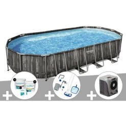 Kit Piscine Tubulaire Ovale Bestway Power Steel Décor Bois 7,32 X 3,66 X 1,22 M + Kit De Traitement Au Chlore + Kit D'entretien Deluxe + Pompe à Chaleur