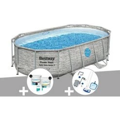 Kit Piscine Tubulaire Ovale Bestway Power Steel SwimVista Avec Hublots 4,27 X 2,50 X 1,00 M + Kit De Traitement Au Chlore + Kit D'entretien Deluxe