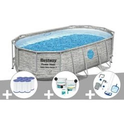 Kit Piscine Tubulaire Ovale Bestway Power Steel SwimVista Avec Hublots 4,27 X 2,50 X 1,00 M + 6 Cartouches De Filtration + Kit De Traitement Au Chlore + Kit D'entretien Deluxe