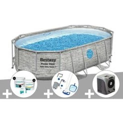 Kit Piscine Tubulaire Ovale Bestway Power Steel SwimVista Avec Hublots 4,27 X 2,50 X 1,00 M + Kit De Traitement Au Chlore + Kit D'entretien Deluxe + Pompe à Chaleur