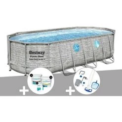 Kit Piscine Tubulaire Ovale Bestway Power Steel SwimVista Avec Hublots 5,49 X 2,74 X 1,22 M + Kit De Traitement Au Chlore + Kit D'entretien Deluxe