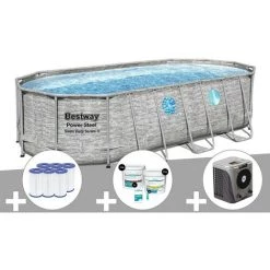 Kit Piscine Tubulaire Ovale Bestway Power Steel SwimVista Avec Hublots 5,49 X 2,74 X 1,22 M + 6 Cartouches De Filtration + Kit De Traitement Au Chlore + Pompe à Chaleur