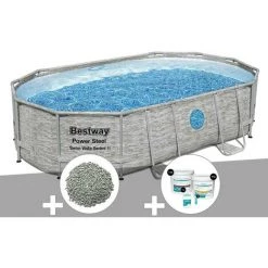Kit Piscine Tubulaire Ovale Bestway Power Steel SwimVista Avec Hublots 4,88 X 3,05 X 1,07 M + 10 Kg De Zéolite + Kit De Traitement Au Chlore