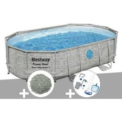 Kit Piscine Tubulaire Ovale Bestway Power Steel SwimVista Avec Hublots 4,88 X 3,05 X 1,07 M + 10 Kg De Zéolite + Kit D'entretien Deluxe