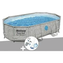 Kit Piscine Tubulaire Ovale Bestway Power Steel SwimVista Avec Hublots 4,88 X 3,05 X 1,07 M + Kit D'entretien Deluxe