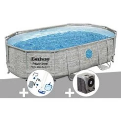 Kit Piscine Tubulaire Ovale Bestway Power Steel SwimVista Avec Hublots 4,88 X 3,05 X 1,07 M + Kit D'entretien Deluxe + Pompe à Chaleur