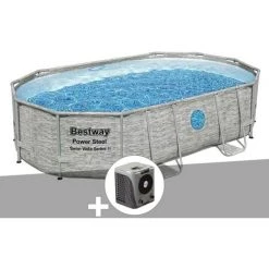Kit Piscine Tubulaire Ovale Bestway Power Steel SwimVista Avec Hublots 4,88 X 3,05 X 1,07 M + Pompe à Chaleur