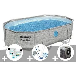 Kit Piscine Tubulaire Ovale Bestway Power Steel SwimVista Avec Hublots 4,88 X 3,05 X 1,07 M + Kit De Traitement Au Chlore + Kit D'entretien Deluxe + Pompe à Chaleur