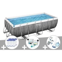 Kit Piscine Tubulaire Rectangulaire Bestway Power Steel 4,04 X 2,01 X 1,00 M + 6 Cartouches De Filtration + Kit De Traitement Au Chlore + Kit D'entretien Deluxe