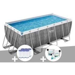 Kit Piscine Tubulaire Rectangulaire Bestway Power Steel 4,12 X 2,01 X 1,22 M + 6 Cartouches De Filtration + Kit De Traitement Au Chlore