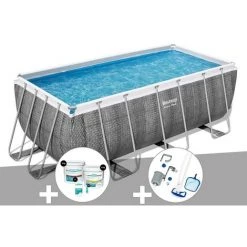 Kit Piscine Tubulaire Rectangulaire Bestway Power Steel 4,12 X 2,01 X 1,22 M + Kit De Traitement Au Chlore + Kit D'entretien Deluxe