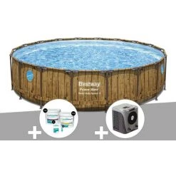Kit Piscine Tubulaire Ronde Bestway Power Steel Avec Hublots 5,49 X 1,22 M + Kit De Traitement Au Chlore + Pompe à Chaleur