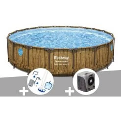 Kit Piscine Tubulaire Ronde Bestway Power Steel Avec Hublots 5,49 X 1,22 M + Kit D'entretien Deluxe + Pompe à Chaleur