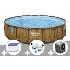 Kit Piscine Tubulaire Ronde Bestway Power Steel Avec Hublots 5,49 X 1,22 M + 6 Cartouches De Filtration + Kit De Traitement Au Chlore + Pompe à Chaleur