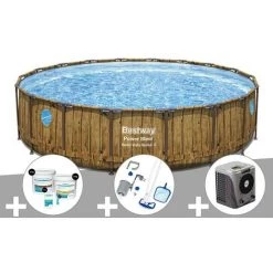 Kit Piscine Tubulaire Ronde Bestway Power Steel Avec Hublots 5,49 X 1,22 M + Kit De Traitement Au Chlore + Kit D'entretien Deluxe + Pompe à Chaleur