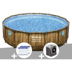 Kit Piscine Tubulaire Ronde Bestway Power Steel Avec Hublots 4,88 X 1,22 M + 6 Cartouches De Filtration + Pompe à Chaleur