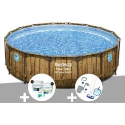 Kit Piscine Tubulaire Ronde Bestway Power Steel Avec Hublots 4,88 X 1,22 M + Kit De Traitement Au Chlore + Kit D'entretien Deluxe