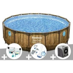 Kit Piscine Tubulaire Ronde Bestway Power Steel Avec Hublots 4,88 X 1,22 M + Kit De Traitement Au Chlore + Kit D'entretien Deluxe + Pompe à Chaleur