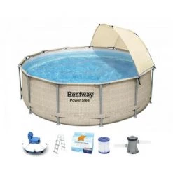 Pack BESTWAY Piscine Tubulaire Ronde - Steel Pro - 396 X 107 Cm - Avec Auvent - Robot Aspirateur Autonome Frisbee - Kit De Traitement De L'eau - Beige